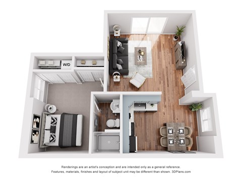 A 3D floor plan of a small apartment with a kitchen, living room, and bathroom.